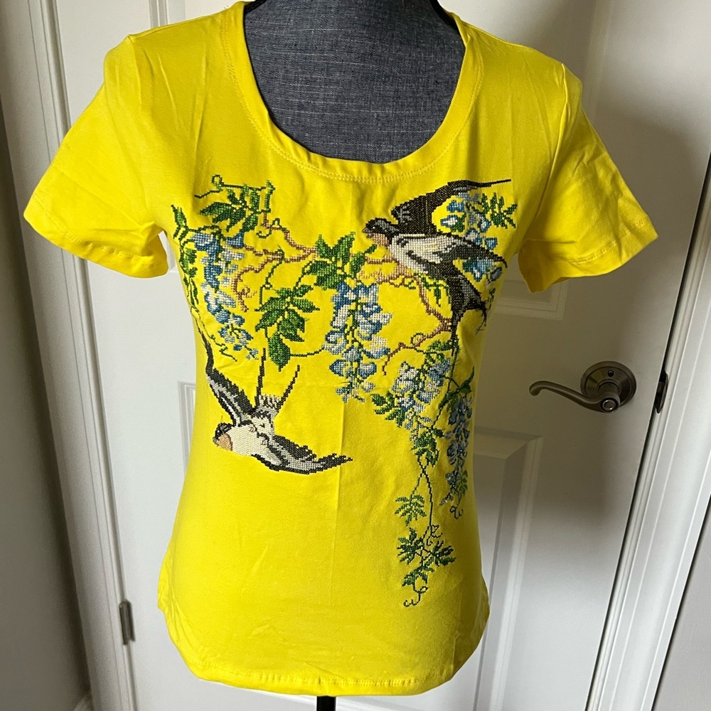 Hand embroidered women’s yellow t-shirt birds flower size S made in Ukraine